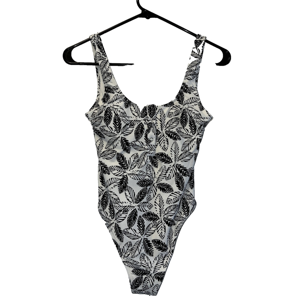 Aerie Mallot De Bain One Piece Bathing Suit Women Size M Leaf Black White Henley